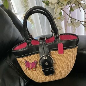 COACH Butterfly Handbag Woven Straw W Black Leather Accents Vtg L3K-6270